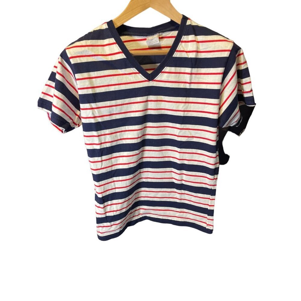 Red White Blue Striped Short Sleeve V Neck T Shirt Sz M